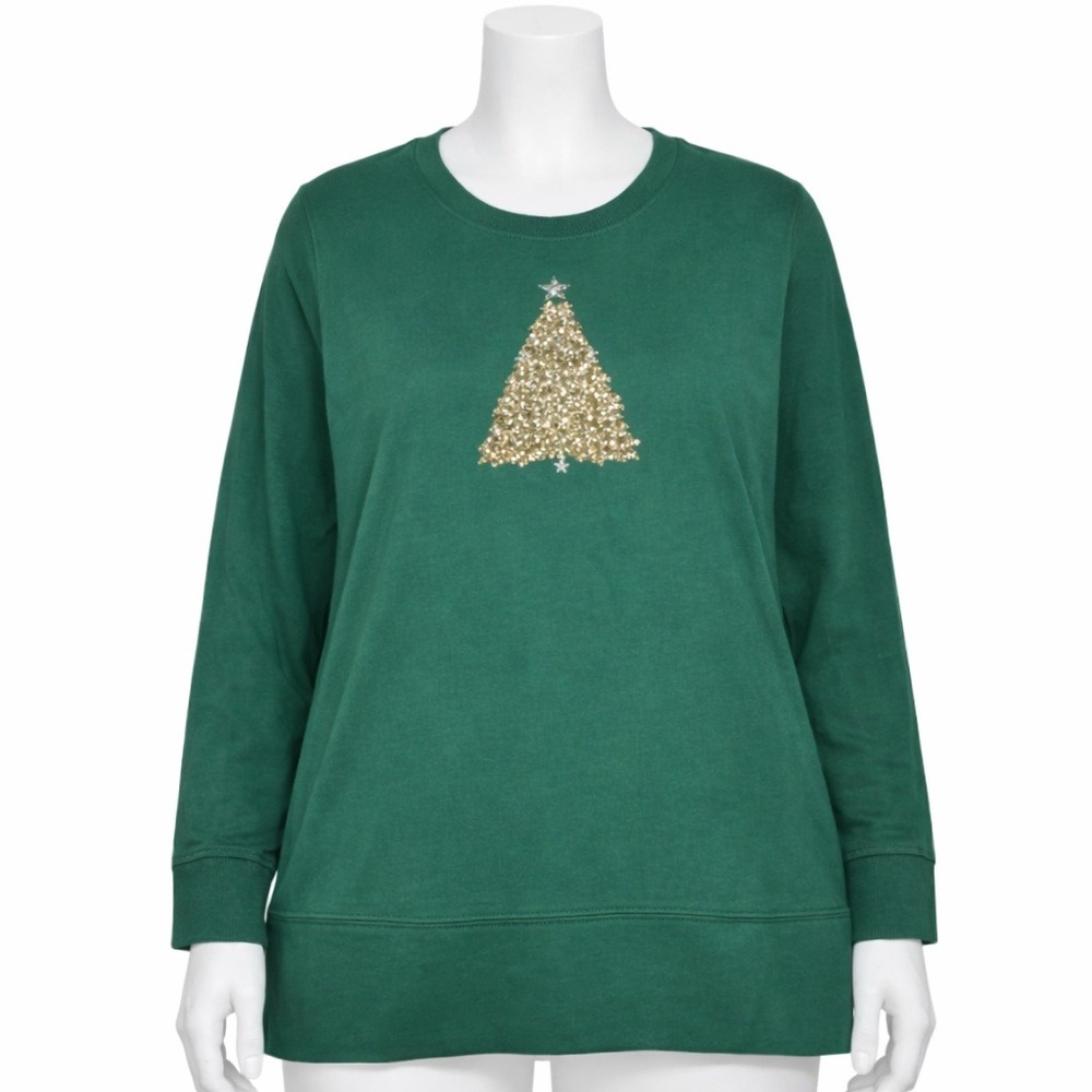 Jingle Belles Kim Gravel Green Sequin Christmas‎ Tree Sweatshirt Womens [1X]